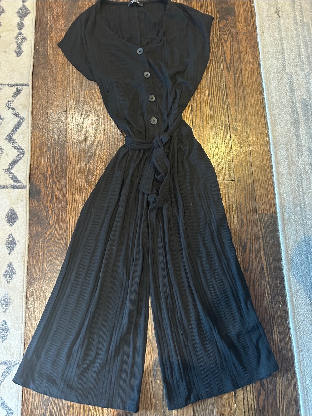 Bershka Black Button-Front Wide Leg Jumpsuit with Tie Waist